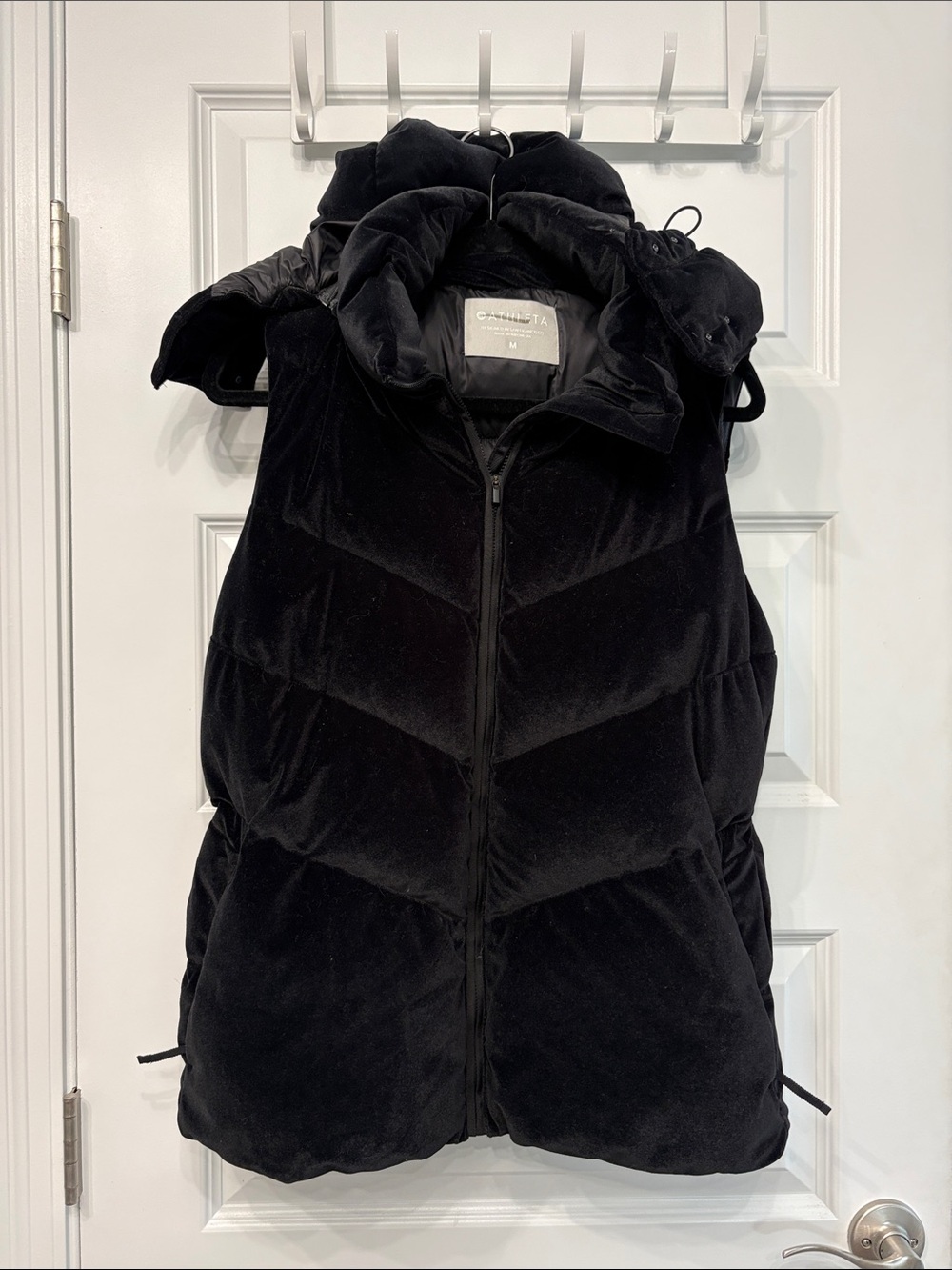 Athleta Black Velvet Puffer Vest with Removable Hood